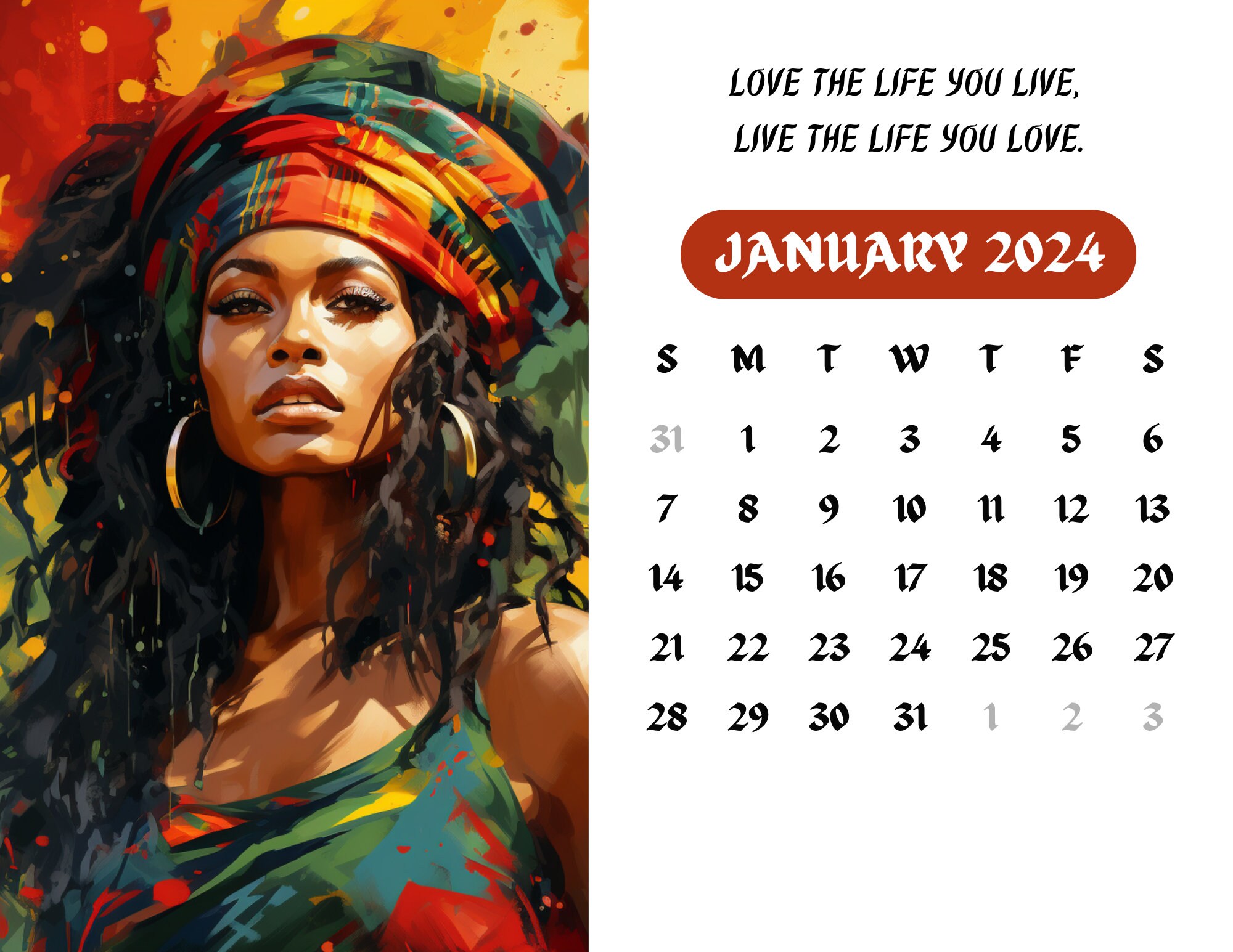 Rasta Radiance 2024 Printable Calendar Beautiful Rastafarian Women