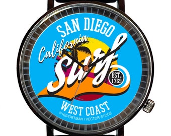 Watch It!™ Custom San Diego Novelty Souvenir Watch-Quartz, Black PVD, Rubber Strap