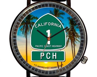 Watch It!™ Custom Pacific Coast Highway 1 PCH Novelty Souvenir Watch-Quartz, Black PVD