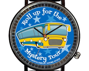 Custom Mystery Tour Bus Novelty Music Watch-Quartz, Black PVD, Rubber Strap