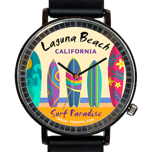Watch It!™ Custom Laguna Beach Surfboard Novelty Souvenir Watch-Quartz, Black PVD
