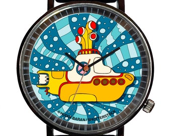 Custom Yellow Submarine Novelty Music Watch-Quartz, Black PVD, Rubber Strap