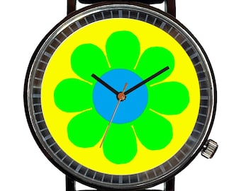 Watch It!™ Custom Sixties Yellow "Flower Power" Hippy Novelty Watch-Quartz, Black PVD, Rubber Strap