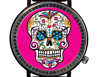 Watch It!™ Custom SKULL Dia De Los Muertos Novelty Watch-Quartz, Black PVD, Rubber Strap