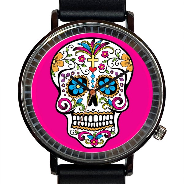 Watch It!™ Custom SKULL Dia De Los Muertos Novelty Watch-Quartz, Black PVD, Rubber Strap