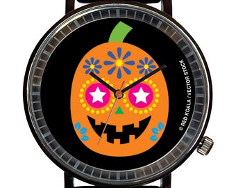 Holloween Cute Dia De Los Muertas Jack 'O Lantern Pumpkin  Novelty Souvenir Fashion Watch-Quartz, Black PVD