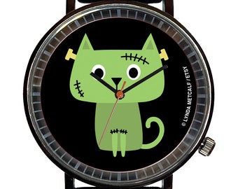 Halloween Cute Franken Kitty Cat Novelty Souvenir Fashion Watch-Quartz, Black PVD