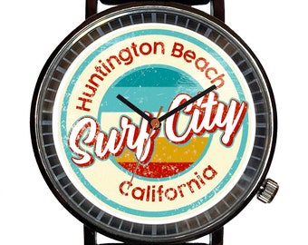 Watch It!™ Custom Huntington Beach Surf City Novelty Souvenir Watch-Quartz, Black PVD, Rubber Strap