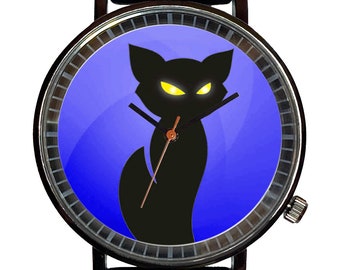 Scary Black Cat Novelty Souvenir Fashion Watch-Quartz, Black PVD