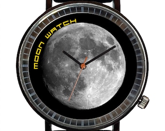 Watch It!™ Custom Novelty Moon Watch-Quartz, Black PVD, Rubber Strap