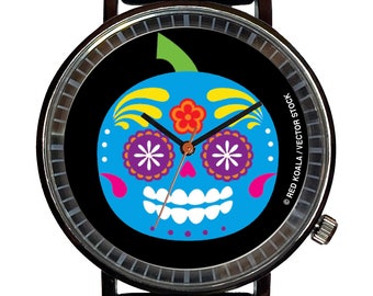 Halloween Cute Blue Dia De Los Muertas Jack 'O Lantern Pumpkin Novelty Souvenir Fashion Watch-Quartz, Black PVD