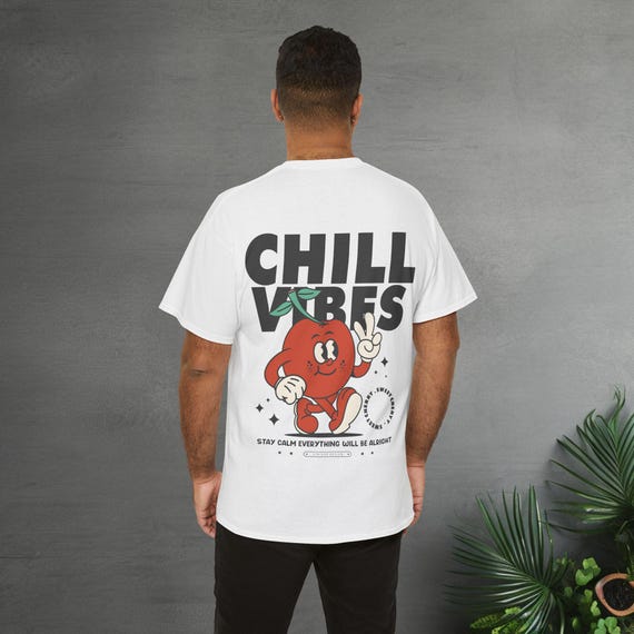 Chill Vibes Cherry Retro Cartoon Mascot Character T-Shirt Backprint Shirt Unisex Retro Shirt with Backprint Graphic Chill Vibes T-Shirt