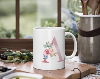 Personalized Floral Letter Mug - Custom A-Z Initial Coffee Cup, 11oz Elegant Flower Design, Alphabetical Letter Mug with Flower Letter Mug