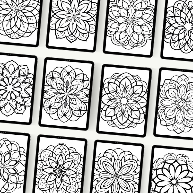 Mockup preview of twelve black and white mandala products, showcasing the intricate designs and patterns of each item.