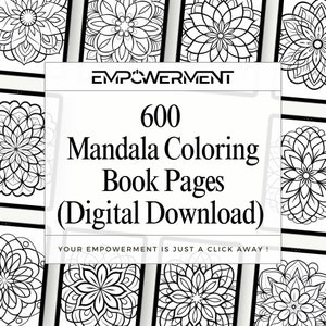 Product preview of 12 pages of the mandala coloring book pages in a mockup. in the center there is the title "600 Mandala Coloring book pages" written in black on white background.