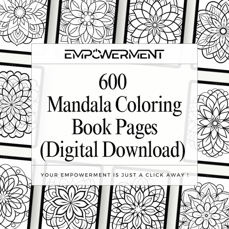 Product preview of 12 pages of the mandala coloring book pages in a mockup. in the center there is the title "600 Mandala Coloring book pages" written in black on white background.