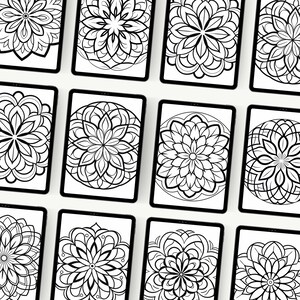 Product preview of 12 pages of the mandala coloring book pages in a mockup. Mandala Coloring Book Pages have different designs like circle frame, flower frame.