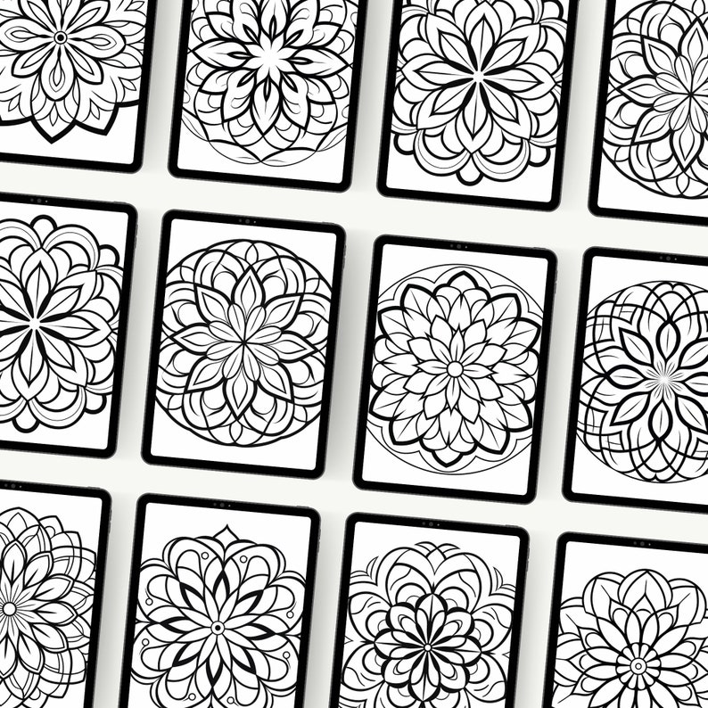 Product preview of 12 pages of the mandala coloring book pages in a mockup. Mandala Coloring Book Pages have different designs like circle frame, flower frame.