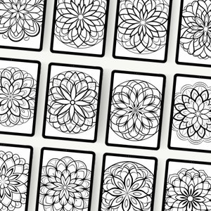 Preview of twelve diverse black and white mandala designs, each with its own unique and intricate patterns, beautifully arranged in a mockup