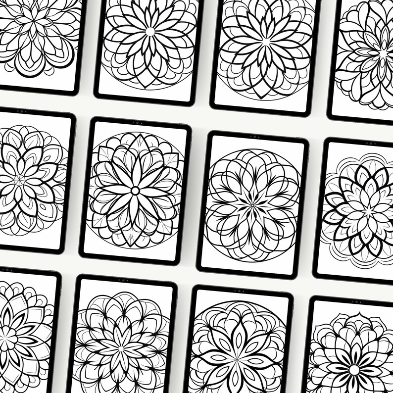 Preview of twelve diverse black and white mandala designs, each with its own unique and intricate patterns, beautifully arranged in a mockup