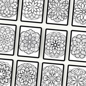 A detailed display of twelve unique black and white mandala designs, each with its own intricate patterns, presented in a mockup format