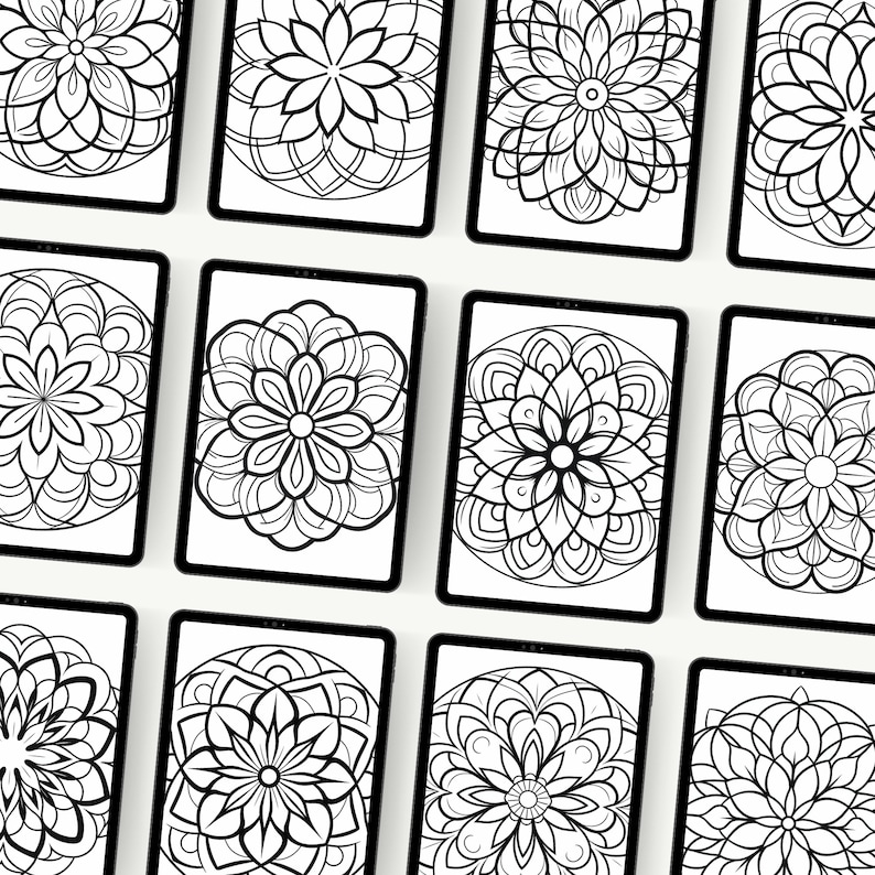 A detailed display of twelve unique black and white mandala designs, each with its own intricate patterns, presented in a mockup format