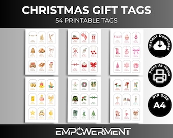 54 Printable Christmas Gift Tags | Watercolor Holiday Tags | Instant Download | Digital Gift Labels | Xmas Wrapping Stickers Print at Home