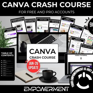 Könnte beinhalten: Werbebild für einen Canva Crashkurs mit einem Computermonitor, Laptop und Tablet, die Kursinhalte anzeigen. Das Bild enthält den Text "CANVA CRASH COURSE" und "90 MINS OF VIDEO". Eine Kaffeetasse, ein Notizblock und Kopfhörer sind ebenfalls zu sehen.