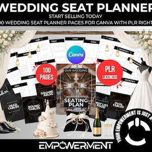 Könnte beinhalten: Werbegrafik für einen Hochzeits-Sitzplaner mit Smoking, Brautkleid und Kuchen. Der Text lautet "Wedding Seat Planner" und "Start Selling Today." Es werden 100 Seiten für Canva mit PLR-Rechten und Vorlagen für Sitzpläne erwähnt.