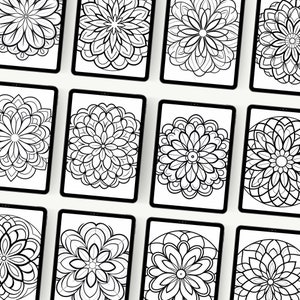 An array of twelve black and white mandala products, each featuring distinct and detailed patterns, elegantly displayed in a mockup