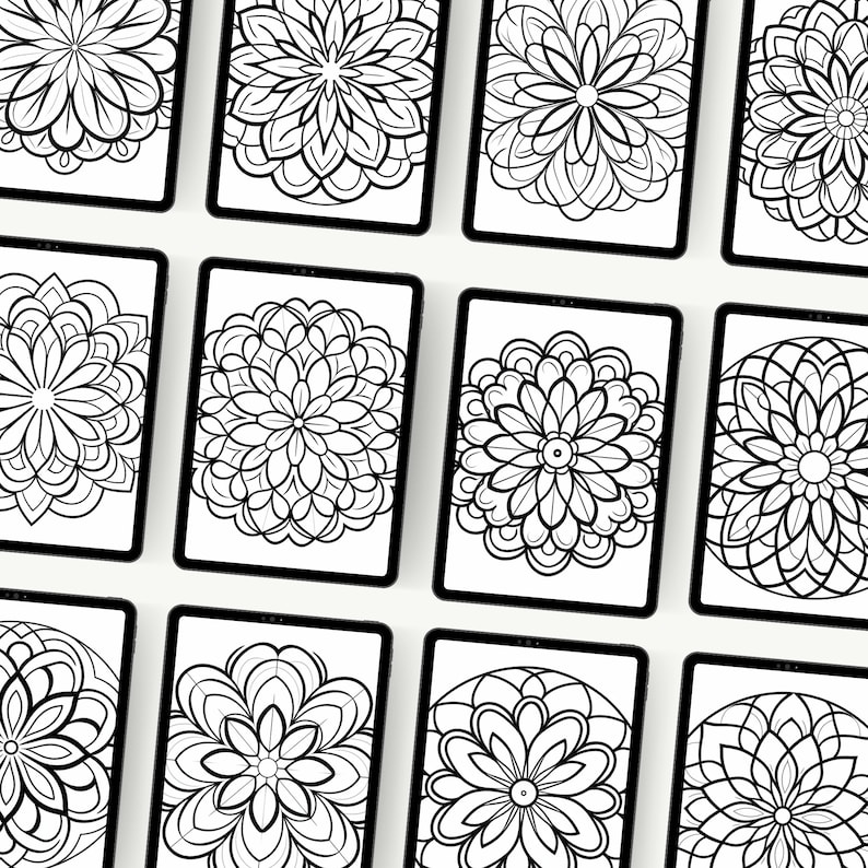 An array of twelve black and white mandala products, each featuring distinct and detailed patterns, elegantly displayed in a mockup