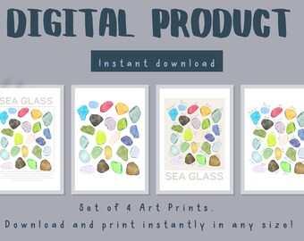 Instant Download Sea Glass Wall Art, Coastal Decor, Beach House Print, Ocean Poster, Digital Art Print, Cornish print, Beach Combing