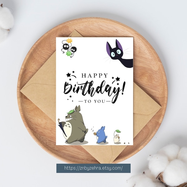Ghibli Happy Birthday to You Card Printable, Totoro and Friends and Jiji Card, Totoro Birthday, Totoro Card, My Neighbor Totoro