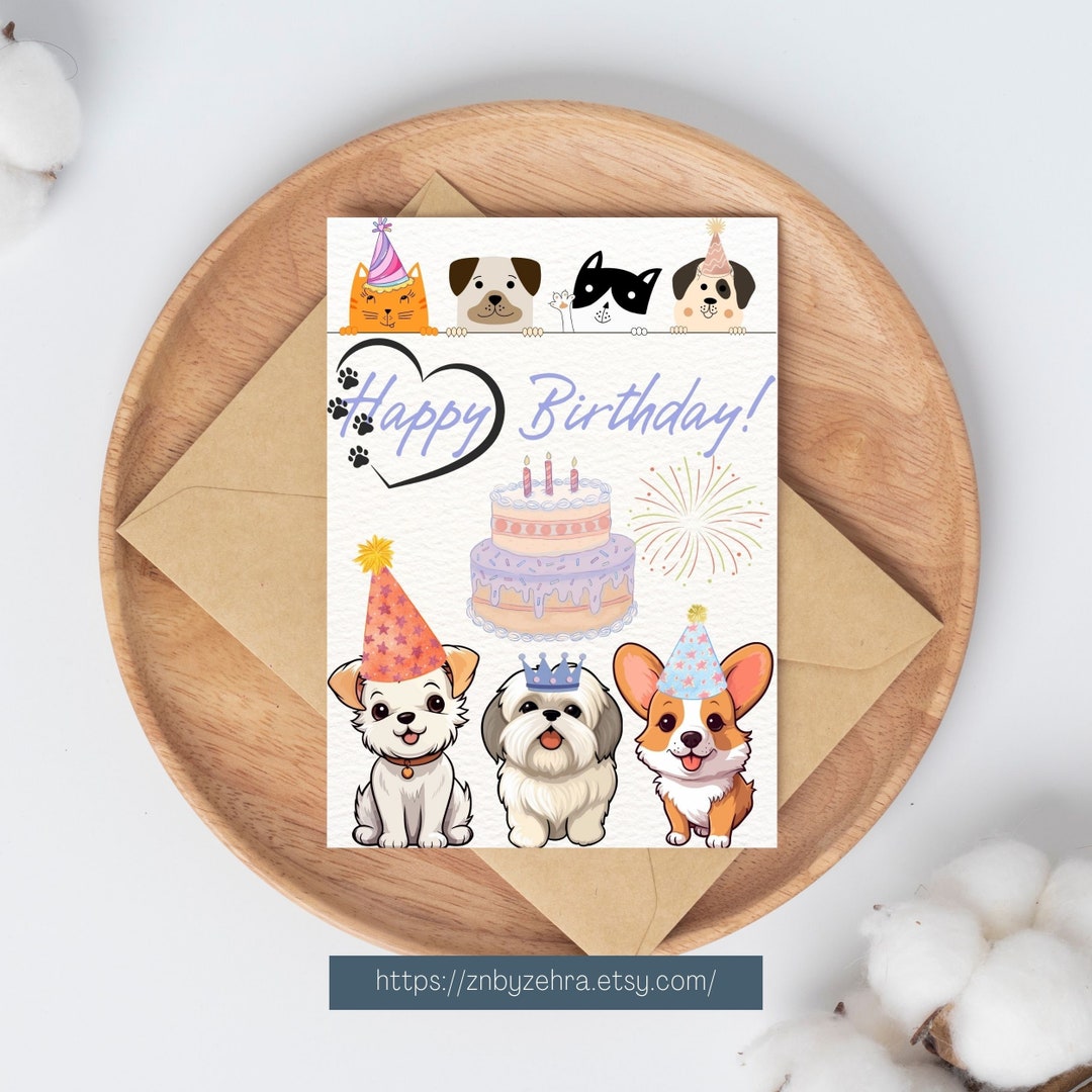 Funny Dogs Happy Birthday Card Printable Digital Greeting - Etsy México