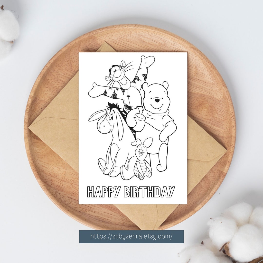 Winnie the Pooh Birthday Coloring Card Printable Color Your Etsy