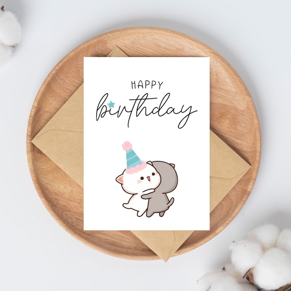 Peach and Goma, Digital Pretty Peach and Goma Birthday Card, Cat Birthday Card, Printable Peach and Goma Card, Bff Birthday Card