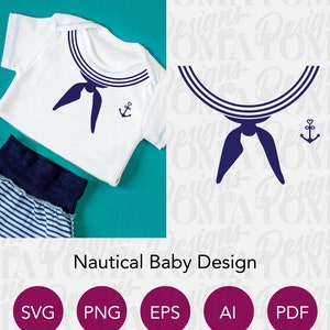 May include: A white baby onesie with a blue sailor collar and a blue anchor design. The onesie is on a turquoise background. The image also includes a blue sailor collar with a blue anchor design on a white background.