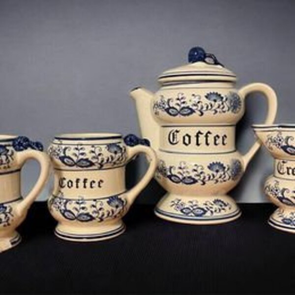 Vintage 1950’s Blue Onion Porcelain Coffee Pot, Creamer and 2 Coffee Mugs (4pc set)