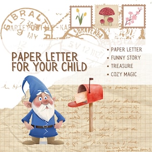 Carta de hada para su hijo del gnomo mágico: carta de papel, historia divertida, tesoros y pegatinas.