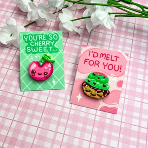 Cute Cherry + Ice Cream Clay Pin Pair | Polymer Clay • Handmade Pins • Pins for Bags and Cork Boards • Best Friend Gifts • Valentines