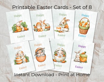 Bunny Easter Cards Set of 8, Watercolor Spring Illustrations (PDF Download)