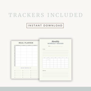 Peut inclure: Pages de planificateur imprimables avec un planificateur de repas et un suivi d'entra&icirc;nement mensuel. Le planificateur de repas comprend des espaces pour le petit-d&eacute;jeuner, le d&eacute;jeuner, le d&icirc;ner et les collations. Le suivi d'entra&icirc;nement comprend des espaces pour chaque jour de la semaine et une section pour les r&eacute;flexions.
