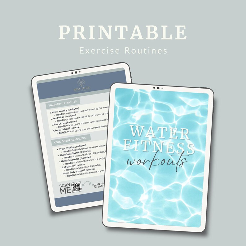 Peut inclure: Des routines d'entra&icirc;nement de fitness aquatique imprimables avec un arri&egrave;re-plan de vague d'eau bleu et blanc. Les routines comprennent un &eacute;chauffement, un retour au calme et des exercices comme la marche aquatique, les balan&ccedil;oires de jambes, les cercles de bras, les torsions du torse, l'&eacute;tirement des quadriceps, l'&eacute;tirement des ischio-jambiers, l'&eacute;tirement des mollets et l'&eacute;tirement du haut du corps.