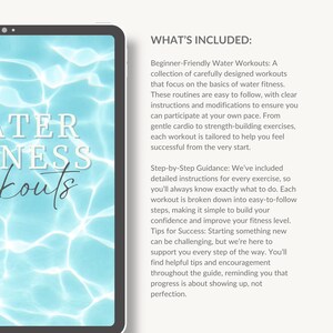 Peut inclure: Une illustration num&eacute;rique d'un fond d'eau bleu avec le texte "WATER FITNESS WORKOUTS" en blanc. Le texte "WHAT'S INCLUDED:" est en noir et d&eacute;crit une collection d'exercices aquatiques conviviaux pour les d&eacute;butants.
