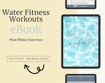 Può includere: Una copertina di ebook digitale con uno sfondo di acqua blu e bianca. Il titolo è "Water Fitness Workouts" e il sottotitolo è "Pool/Water Exercises". La copertina include anche il testo "eBook" e "Download immediato".