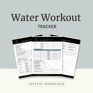 May include: Three white and black water workout trackers with the text "Water Workout Tracker" at the top. The trackers have sections for recording exercise modifications, progress, and goals. The phrase "Instant Download" is at the bottom.