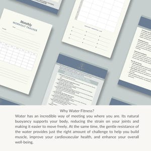 Peut inclure: Un planificateur d'entra&icirc;nement mensuel imprimable avec une grille pour suivre les s&eacute;ances d'entra&icirc;nement. Le planificateur est sur un fond blanc avec un en-t&ecirc;te bleu qui dit "Monthly Workout Tracker".