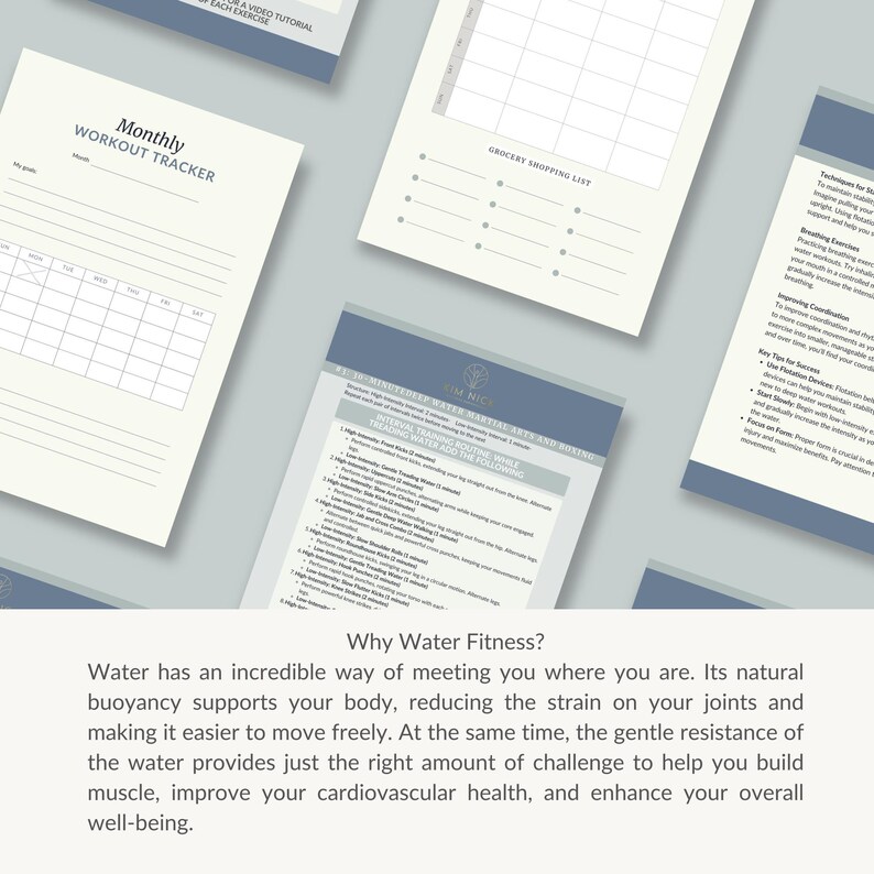 Peut inclure: Un planificateur d'entra&icirc;nement mensuel imprimable avec une grille pour suivre les s&eacute;ances d'entra&icirc;nement. Le planificateur est sur un fond blanc avec un en-t&ecirc;te bleu qui dit "Monthly Workout Tracker".