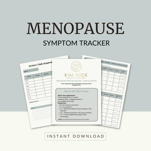 Könnte beinhalten: Ein Satz druckbarer Menopause-Symptom-Tracker-Blätter. Der Titel ist in großen, fetten Buchstaben geschrieben. Die Blätter enthalten Abschnitte für tägliche Symptome, eine Checkliste und Gebrauchsanweisungen. Der Satz "Sofort-Download" steht unten.
