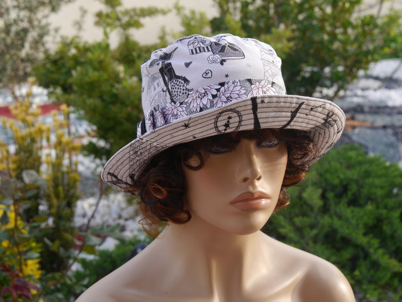 Chapeau bob, chapeau femme, chapeau cloche, chapeau été, Chapeau capeline très chic fond gris clair et des dessins noir et blanc RITA 2 image 7